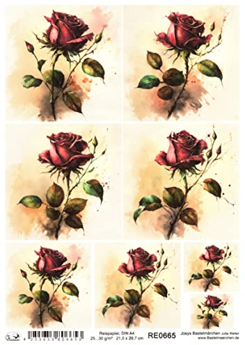 Josys Bastelmärchen Reispapier A4 Strohseide Decoupage Serviertentechnik rote Rose Vintage RE0665