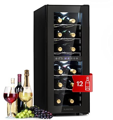 KLARSTEIN Vinoteca de Pie, Nevera para Vinos de Dos Zonas Refrigeración, Nevera para Cervezas Pequeña de Interior/Exterior Puerta de Cristal, Nevera Protección UV, 5-18°C, Botellero 12 Botellas