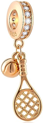 Rosegold Tennis Ball und Schläger Charm Dangle passen Pandora Sport Halskette Armband, 925 Sterling Silber Tennis Anhänger Perlen, Geschenke für Teenager/Valentinstag/Geburtstag