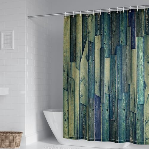 Homxi Duschvorhang Ösen,165 W x 200 H cm,Badewanne Vorhang Blau Holzbrett Polyester Duschvorhang Plastik Ringe