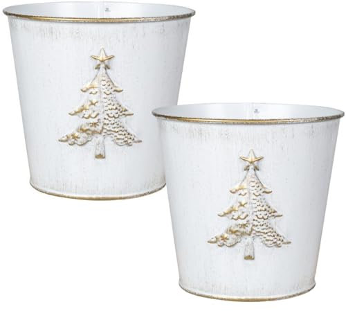 Fyne-Finds Metal Christmas Tree Embossed Plant Pot 15cm, 6inch Tin Pail Planter 1.5L Gold White Decor Xmas Gift (2)