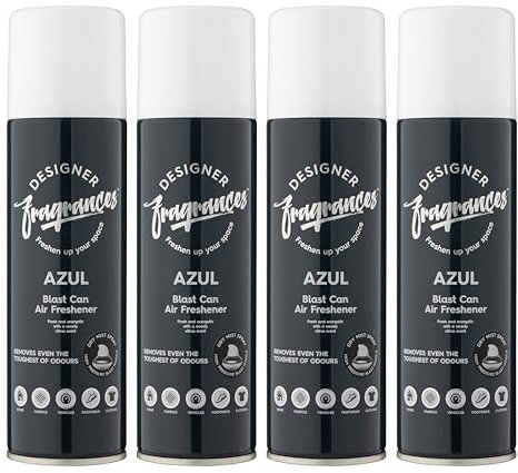 Designer Fragrances 4 Pack Azul Air Freshener Blast Cans - For Home & Vehicles – Natural Oils, Luxury Lasting Smell, Dry Mist Quick Release Spray – Deodorise & Neutralise Odours – 300ml