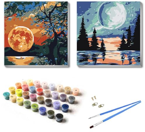 UNIQUORS Lot de 2 peintures par numéros pour adultes avec cadre, peintures abstraites peintes à la main, motif lune, paysage de lune, peinture à l'huile avec pinceaux et peinture acrylique, 20 x 20 cm
