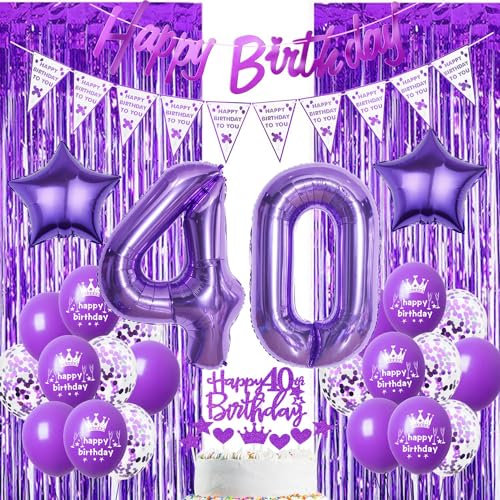 Decorazioni Compleanno 40 anni viola, Palloncini 40 anni compleanno viola, Palloncini 40 anni donna viola, 40 anni Decorazioni Festa Compleanno viola, Tende Metalliche viola 40 anni