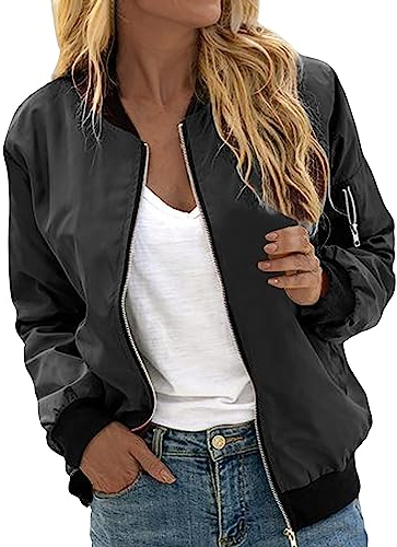 EQWIGKEIT jacke damen, Bomberjacke Damen Lässig Bikerjacke Leicht Pilotenjacke Vintage Freizeitjacke Kurz Übergangsjacke Oversized Sweatjacke Farbverlauf Damenjacke Langarm Fliegerjacke Motorradjacke