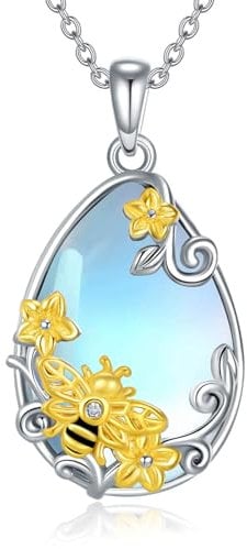 YAFEINI Biene Halskette 925 Sterling Silber Mondstein Tropfen Anhänger Halskette Honigbiene Biene Kette Schmuck Geschenk für Damen Mädchen(Biene Kette)