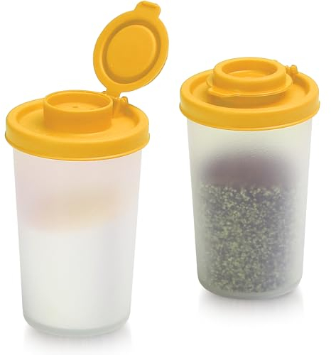 SIGNORAWARE Salt and Pepper Shakers Moisture Proof Set of 2 Large Salt Shaker to go Camping Picnic Outdoors Kitchen Lunch Boxes Travel Spice Set Clear with Yellow Lids Plastic Airtight Dispenser