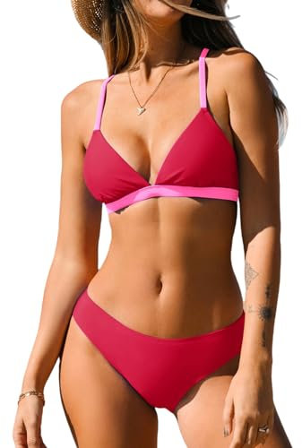 CUPSHE Ensemble bikini deux pièces pour femme avec col en V, taille basse, croisé dans le dos, bretelles fines, Rouge/rose, Taille L