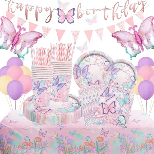 Komicea Schmetterling Partygeschirr Set, Pappteller Kindergeburtstag mit Luftballons, Schmetterling Deko Geburtstag, Pappteller Tassen Servietten Tischdecke für Geburtstagsdeko Mädchen Party 16 Gäste
