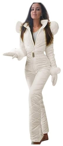 Schneeanzug für Damen, Winter, warmer Skianzug, einteiliger Softshell-Mantel mit Kapuze + Sporthose, winddichter Spielanzug, wasserdichter Overall für Outdoor, Snowboard, Skifahren, weiß, S