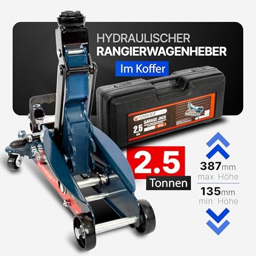 Rangierwagenheber 2,5T (h min 140mm, h max 387mm) mit der Immobilisierung im robusten Koffer // Wagenheber 2,5T Hydraulisch im Koffer
