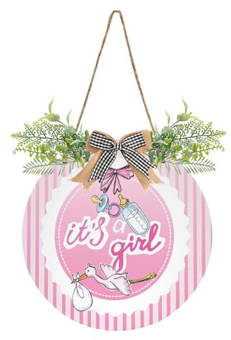Exnundod Welcome Door Sign It's A Girl Printed Wreath Door Hanger for Front Door Newborn Baby Stork Round Wreath Sign for Door Porch Wall Decor 12inch