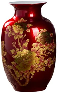 Red Vase Oriental Ceramic Flower Vases with Peony Design for Home Living Room Ornaments and Wedding Decorated Large 23 cm