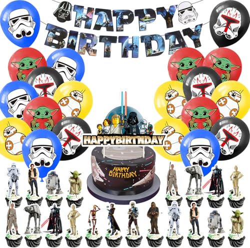 46 Pcs Wars Decoration Anniversaire, Ballons de Fête Wars, Gateau Décorations Wars, Cake Topper Star, Happy Birthday Gâteau Topper Wars, Wars Fournitures de Fête pour Garçon Fille