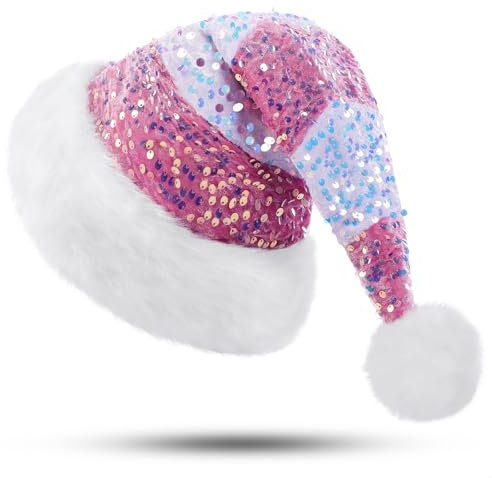 PUZAUKAL Weihnachtsmütze Pailletten Nikolausmütze Elf Erwachsene Unisex Santa Mütze Warme und Bequeme Extra Weich für Weihnachten Neujahr Festliche Weihnachtsfeier,Rosa und Weiß