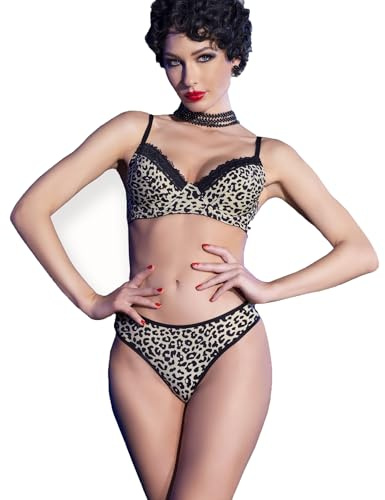 .Chilirose Damen Dessous Leopard Set aus Leo BH Top mit verstellbaren Trägern und Bänder String Höschen mit Spitze schwarz
