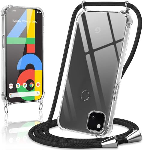 Coiwxmoi Coque avec Cordon pour Google Pixel 4a 4G 5,81, Collier Réglable Téléphone Étui Portable Lanyard Case Transparent Ultra Souple Silicone TPU Housse Antichoc Protection Cover, Noir