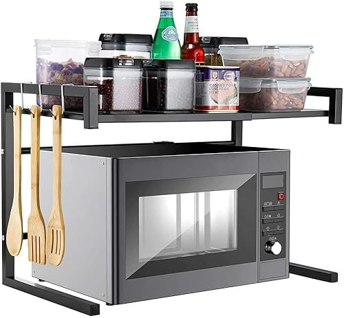OHMG - Estantería de microondas extensible de 2 niveles, estante de microondas vertical con 4 ganchos en S, soporte de cocina práctico para encimera, organizador de cocina