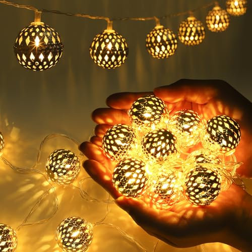 Ewikin Marokkanische Lichterkette, 20 LED Lichterkette Innen mit Stecker, Goldene Lichterkette Kugeln mit Fernbedienung, Marokkanische Lampe Orientalische Deko für Zimmer, Hochzeit, Weihnachten