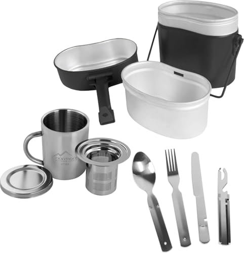 normani Outdoor Camping Geschirr-Set Kochgeschirr - Aluminium Kochtopf, 5 in 1 Besteck, Thermotasse mit Teesieb - Wohnmobil, Zelten, Picknick, Wandern oder Grillen Farbe Schwarz