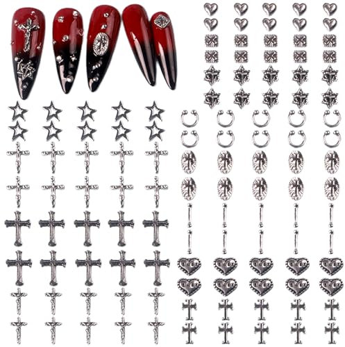 Cross Nail Charms, 120 Pcs Retro Silver Cross Star Heart Gothic Nail Art Charms Gems Metal Punk 3D Nail Studs for Women Girls Nail Decorations Accessories DIY Crafts (Silver B)