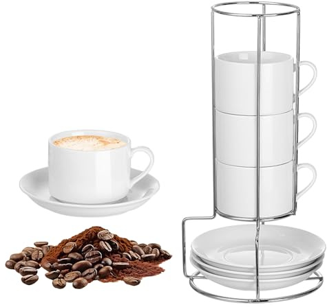 PORFOYO Set di 4 tazze da caffè in porcellana, ceramica, con piattini e supporto in metallo, design impilabile, per latte, caffè, tè, bianco, 100 ml