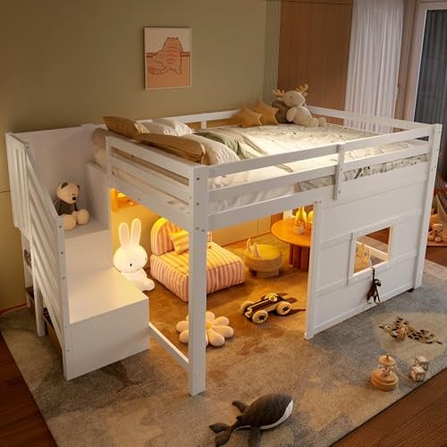 BTM Hochbett 140x200 mit Treppe Großes Holz Hochbett, Kinderhochbett mit Rausfallschutz, Stauraumtreppe, LED-Beleuchtung, Weiß