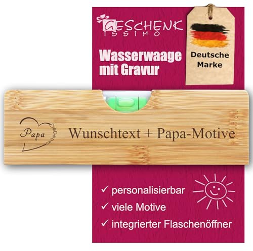 Wasserwaage Papa - kleine Richtwaage 15 cm, personalisierbar, mit Flaschenöffner - Vater Geschenk zum Geburtstag, Vatertag, Weihnachten, Geschenkissimo Geschenkidee für Dads