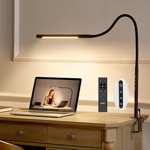 HUAKEY Desk Lamp with Clamp, LED Office Desk Lamp with Remote Control, Touch Dimming and Color Matching, 45.3 Inch Long Lamp Arm Saves Desktop Space, Suitable for Office Desktop Lighting