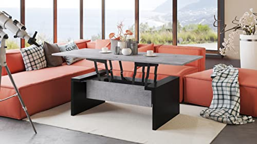 designimpex Space Couchtisch aufklappbar in Beton/Schwarz matt höhenverstellbar modern vielseitig Wohnzimmertisch Esstisch Beistelltisch Sofatisch platzsparend hochwertig Wohnzimmer Coffee Table