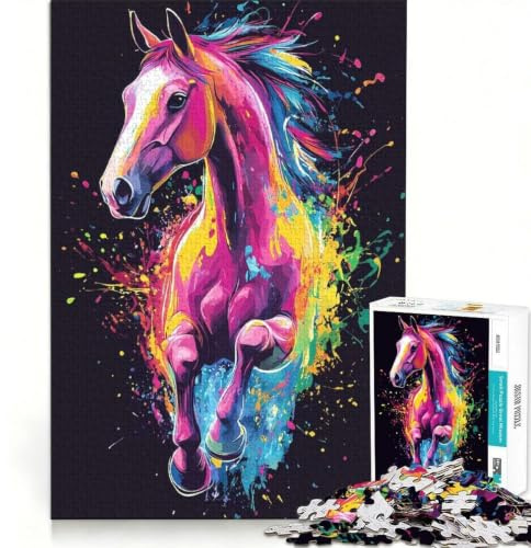 Puzzle für Teenager, 1000 Teile, buntes Pferde-Splash-Art-Puzzle, DIY-Spielzeug, fördert das Gedächtnis, mit passendem Poster und Quizblatt 38x52cm