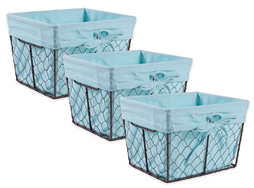 DII Z01537 Vintage Hühner Drahtkörbe zur Aufbewahrung herausnehmbarer Stoffeinsatz 3er Set Aqua 3 Stück