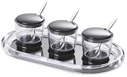 Omada Design Tray for jams and sauces 10,63 x 4,72 inch Inside Colored and Transparent Acrylic Border with 3 Jars and 3 teaspoons, Crystal line, Black