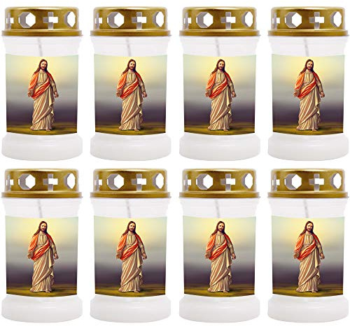 HS Candle Grabkerze - 8er Pack - (Weiß) Grablicht ca. 40h Brenndauer je Kerze - Motiv: Jesus