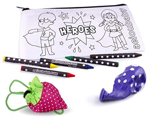 aeioubaby.com 25 Federmäppchen zum Ausmalen + Wiederverwendbare Tasche | 25 einzelne Taschen mit 5 bunten Wachsmalstiften und Luftballon | Geschenk Kinder auf Festen und Geburtstagen (Helden)