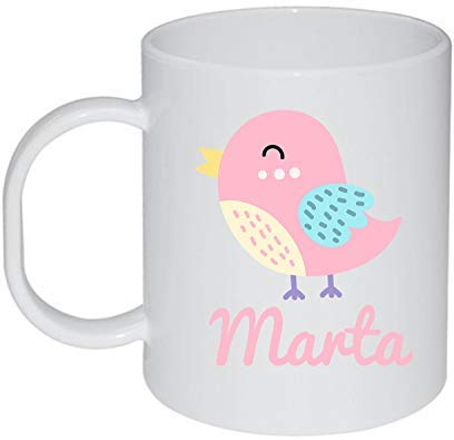 Kembilove Taza de Desayuno Infantil Personalizada – Tazas Plástico Personalizadas con el Nombre del Niño o Niña – El Regalo para la Vuelta al Cole – Diseño Pájaro rosa