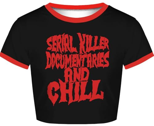 Damen-Sommer-Crop-Top, kurzärmelig, lässig, bauchfrei, Gothic, Halloween, Grafik-T-Shirt, Serial Killer 019, Mittel