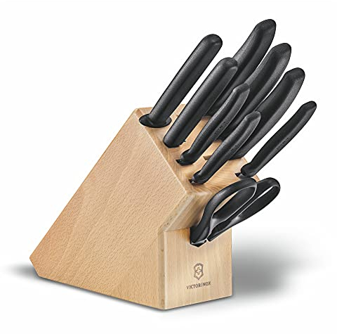 VICTORINOX Swiss Classic Wooden Knife Block, 9 Piece Set with 8 Knives and 1 Pair of Multi-Purpose Scissors, Storage, Light Beech Wood