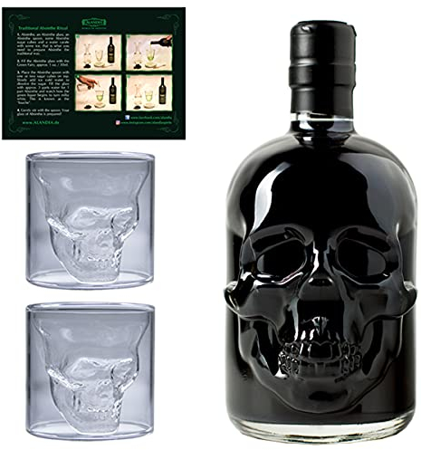 Totenkopf Absinth Set | Shot of Death | 1x Schwarzer Absinth Hamlet Hardcore Black von ALANDIA | 2x Skull Gläser | 69% | 0,5 l