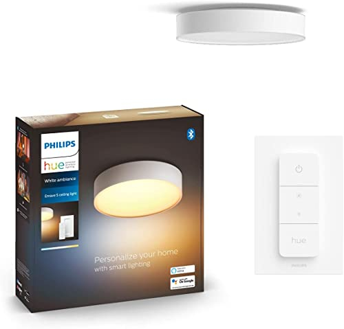 Philips Hue White Ambiance Enrave Deckenleuchte L (4.300 lm) inkl. Dimmschalter, dimmbare Deckenlampe für das Hue Lichtsystem mit allen Weißtönen, smarte Lichtsteuerung über Sprache und App, weiß