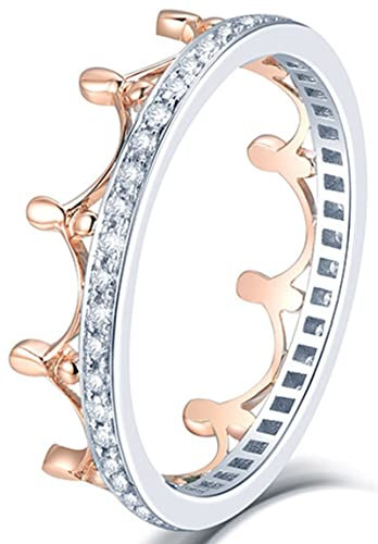 AMDXD Antragsringe 18K Weißgold/Rotgold, Ringe mit Diamant 0.23ct Krone, Geburtstagsgeschenk für Frauen Mädchen, Silber Rose Gold, Echt Schmuck, Gr.60 (19.1)