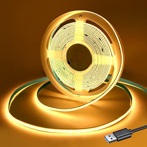 RYE Tira de Luz LED COB USB 5V, 1,5m x 320 LEDs/M, Blanca Cálida 3000K, Cinta Sin Puntos Para TV, Monitor, Gabinete, Cocina, Armario, Escaleras
