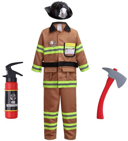 maxToonrain Tan Kids Fireman Costume Set 7 Pcs Boys and Girls Fire Fighter Costume with Firefighter Toy Accessories for Halloween Christmas World Book Day Children's Day (8-9Y)