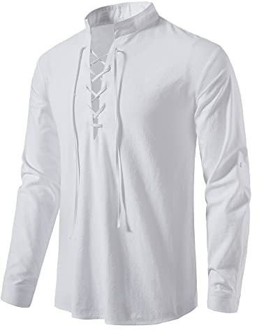 Men Retro Cotton Lace Up Shirt Medieval Costume Tops for Pirate Renaissance Halloween Cosplay Viking Tunic Steampunk Vampire Gothic Victorian Clothes-A275-White-M