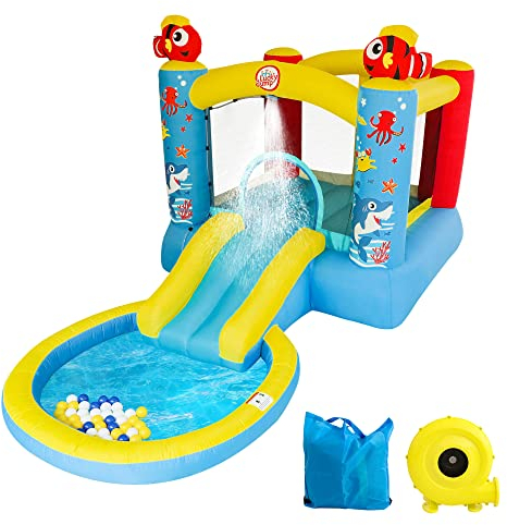 LuckyJump Castillo Hinchable para Exteriores con Ventilador, con depósito de Agua, Ofrece Espacio para 1-3 niños, Tema mar, Castillo de Saltar (380 x 213 x 191 cm)