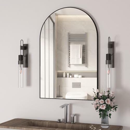 NEUWEABY Gewölbter Wandspiegel für Badezimmer, 60x90 cm Gewölbter Spiegel Wandspiegel mit Metallrahmen, Schwarzer Eitelkeitsspiegel Dekor für Kaminsims, Schlafzimmer