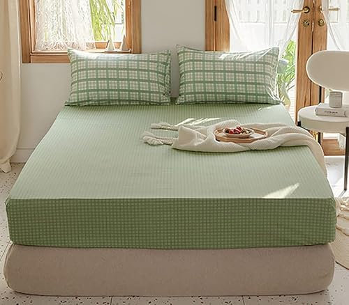 Michorinee Drap Housse 140x200 Imprimé Vert Carreaux - Bonnets 30 cm pour Matelas Épais - Housse de Matelas en Microfibre avec Une Rebord Élastique
