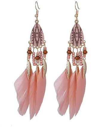 Teardrop Long Earrings, Federohrringe Ethnic Long Feather Fringe Earrings,Garnelen rosa