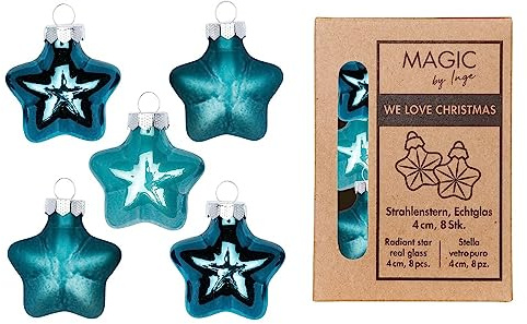 Christbaumschmuck Sterne Glas 4cm x 8 Stück in Kartonbox Weihnachtskugeln Set Petrol Dark Emerald, Gold,grün,blau,dark