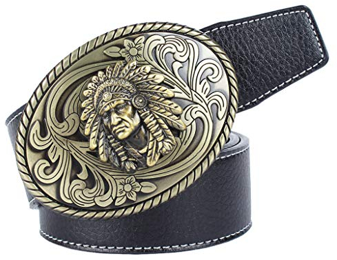 Herren Western Cowboy Ledergürtel Indian Warrior Chief Head Buckle Coffee, Schwarz , Einheitsgröße